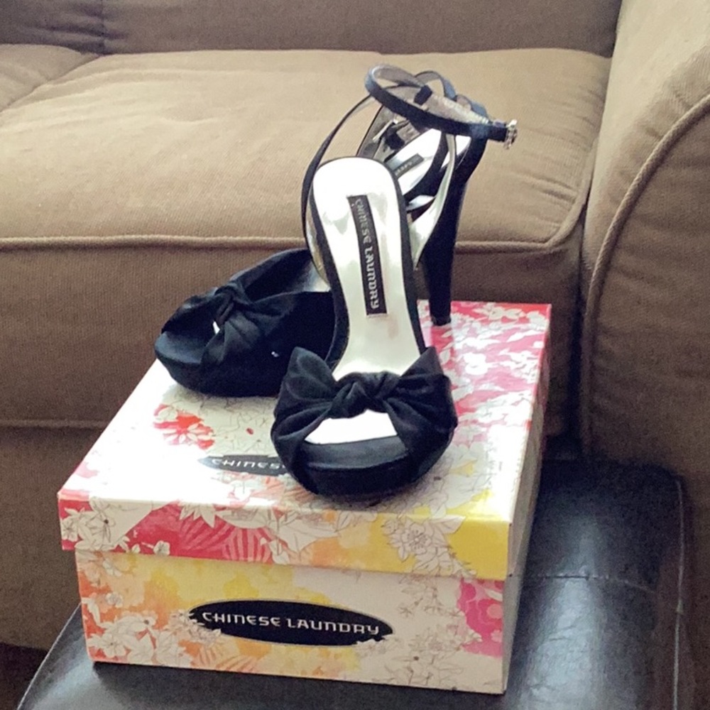 Black open toe satin beautiful shoes